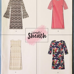 May include: Simplicity sewing pattern 8293 H5 for a simple sheath dress in sizes U.S. 6-14. The envelope displays four variations: a black lace dress, a pink dress with lace sleeves, a cream lace dress, and a navy blue floral print dress.