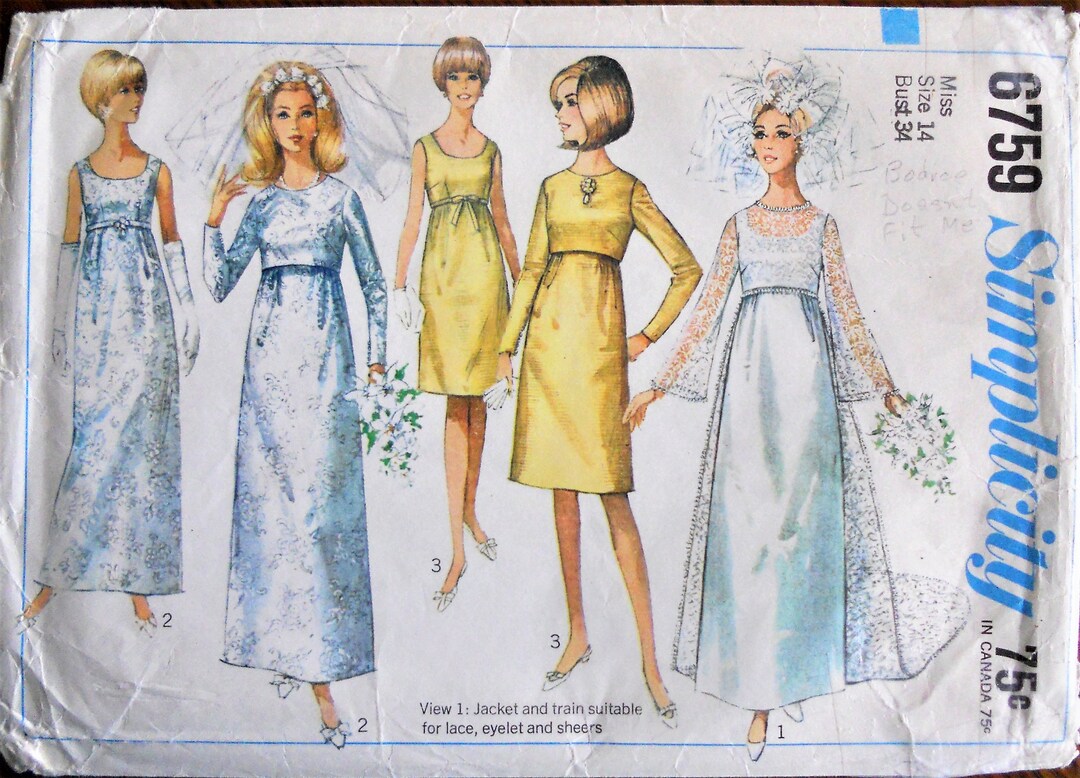 Simplicity 6759 Bridal Gown Gown Pattern Vintage 1965 Bridal Fashion