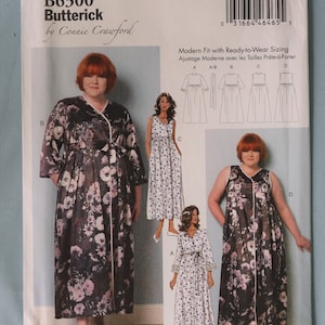 May include: A Butterick B6300 sewing pattern envelope by Connie Crawford featuring illustrations of four variations of a floor-length wrap dress. The designs include options with short or three-quarter sleeves, floral patterns, and a tie-waist closure.