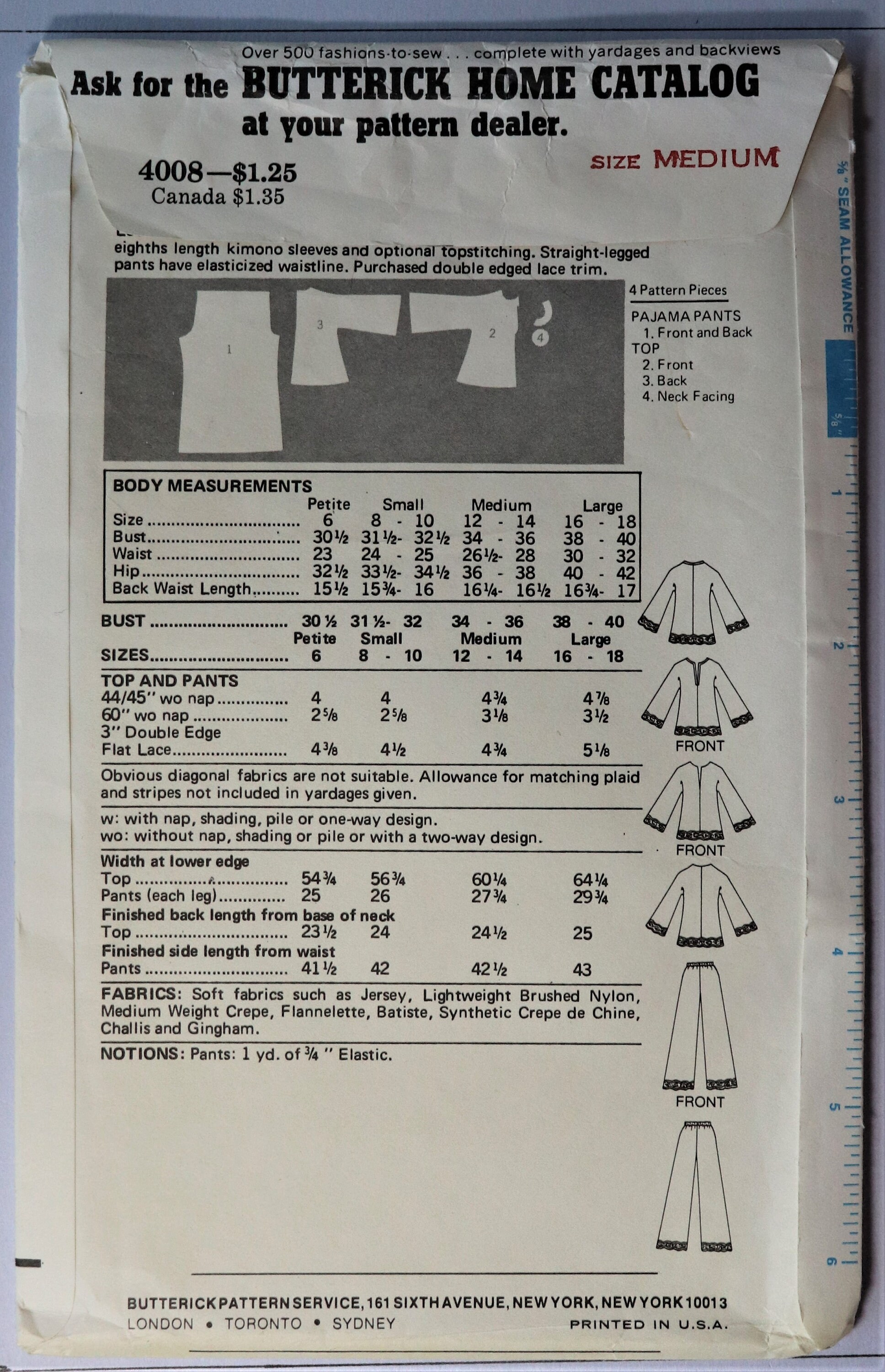 Butterick 4008. Misses Pajamas Pattern. Sew and Go Pajama Pattern. Lace ...