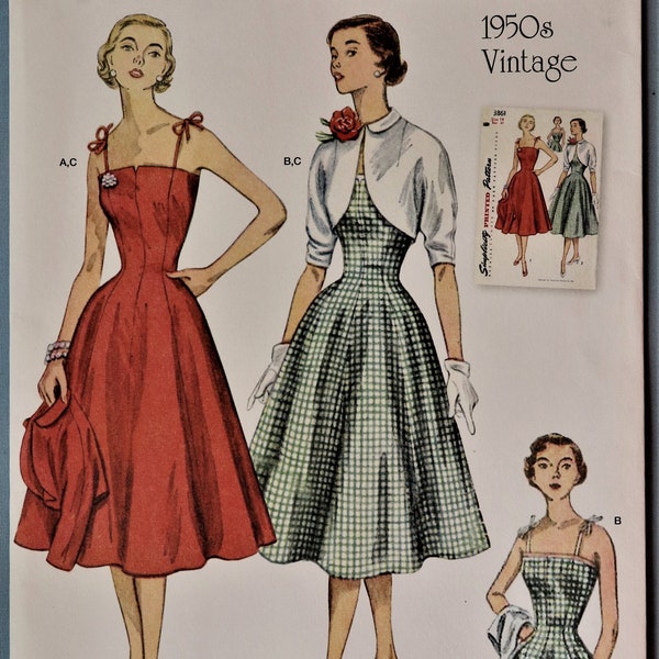 Simplicity 9738.  Simplicity R11819.  Retro 1950's dress and bolero pattern.  Fit flare shoulder tie sun dress with jacket pattern.