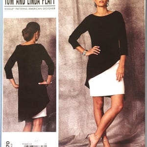 May include: Vogue pattern for a black and white asymmetrical dress. The pattern features a boat neck, three-quarter sleeves, and a white skirt. The image includes the text "TOM AND LINDA PLATT" and "V1470".
