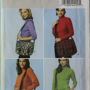 May include: Butterick sewing pattern B5694 for a messenger bag in one size. The pattern envelope displays four variations of the bag: a zebra print, a red plaid, a floral print, and a solid blue design, all featuring dark straps and buckles.