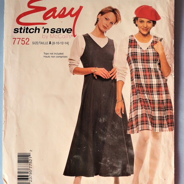 McCall's 7752.  Misses jumper pattern.  Fit, flare jumper pattern.  Maxi flared jumper pattern. SZ 8-14 Uncut