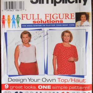 May include: A Simplicity sewing pattern envelope for a top, model 7034, size FF 18W-24W. The cover features the text Full Figure Solutions, images of two tops in white with red dots and red with white dots, and nine illustrations of various top designs.