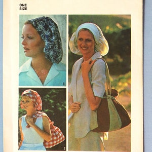 Simplicity 6997.   Bouffant nurses hat pattern.  Vintage 1970s bouffant hat, nurse scrubs hats and tote bag pattern.  Uncut