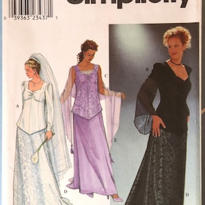 May include: Simplicity sewing pattern featuring three formal dress designs. The pattern includes a bridal gown with a veil, a lavender gown with cape sleeves, and a black evening gown. The pattern size is FF 18W-24W.
