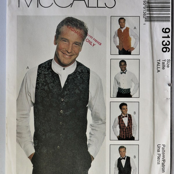 McCall's 9136.  Men's vest, bow tie and cummerbund pattern.  Groom's, groomsmen tuxedo vests pattern.  Men's wedding accessories pattern.