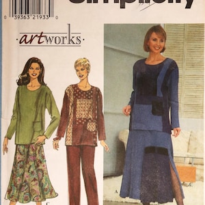 Simplicity 8246.  Misses tunic, skirt and pants pattern.  Artwork patchwork tunic, flared maxi skirt, pull on pants.  SZ 12-16 Uncut