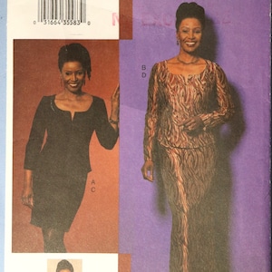 May include: Vogue Patterns sewing pattern featuring two dress designs. One is a black knee-length dress with a scoop neckline. The other is a long-sleeved, patterned top and matching skirt. The pattern includes the number 7626 and the Vogue logo.