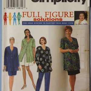 May include: A Simplicity sewing pattern envelope, number 7468, size FF 18W-24W. The cover features illustrations and a photograph of four different outfits, including tunics, jackets, and pants, with the text Full Figure Solutions by Mary Duffy.