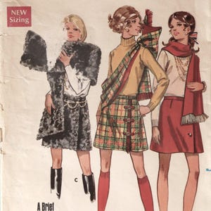 May include: A vintage sewing pattern envelope titled A Brief Skirt - Matching Stole, featuring illustrations of three outfits. The text includes Waist 22, Hip 32 1/2, and New Sizing. The outfits show a faux fur skirt, a plaid kilt, and a solid red skirt.