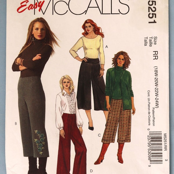 McCall's 5251.  Women's pants pattern.  Plus size wide legged pants pattern.  Gaucho pants pattern.  SZ 18W-24W  Uncut