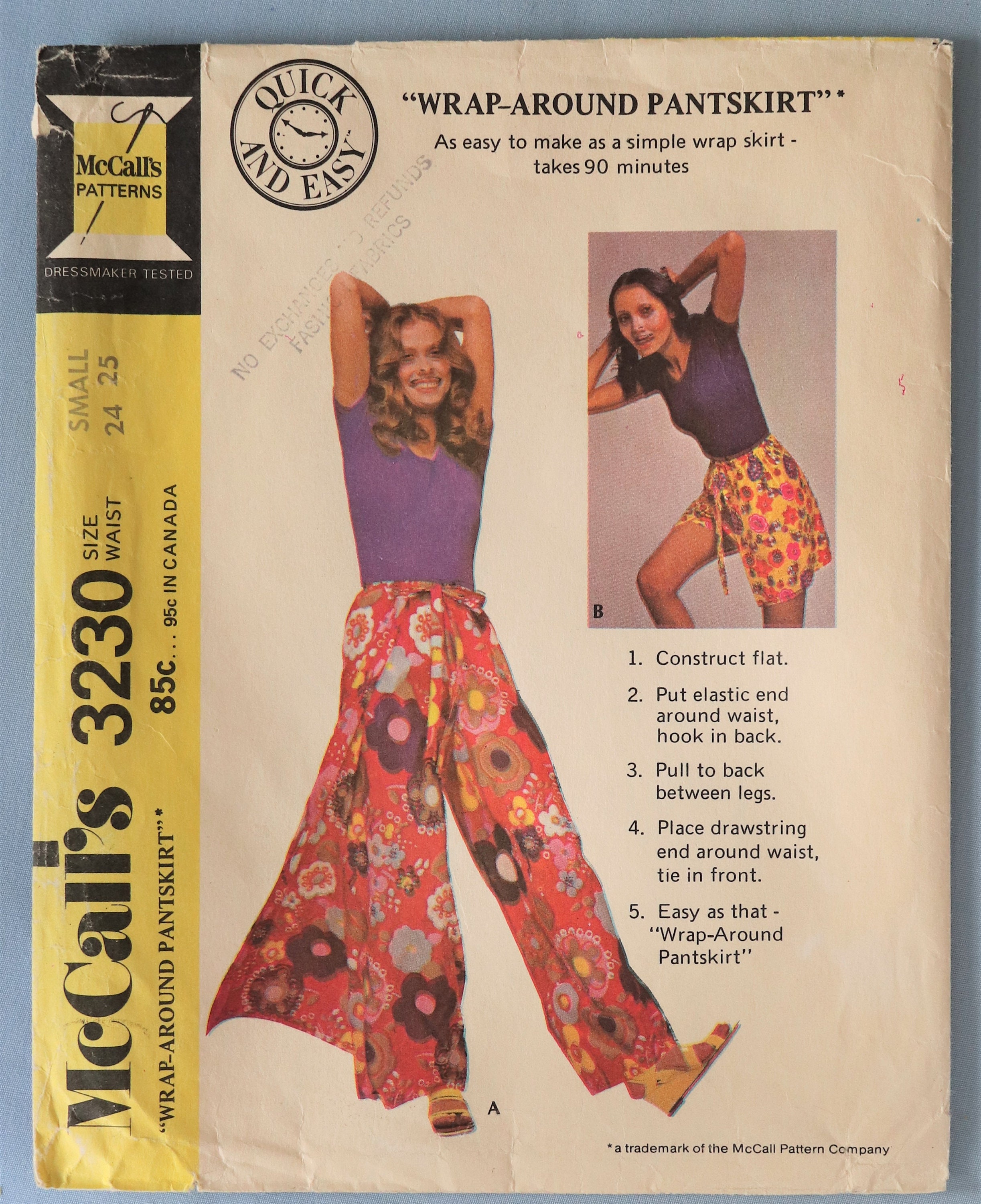 Mccall's 3230. Misses Wrap Pants Pattern. Vintage 1971 wrap Around Pants  Skirt Pattern. SZ Small waist 24-25 Uncut 
