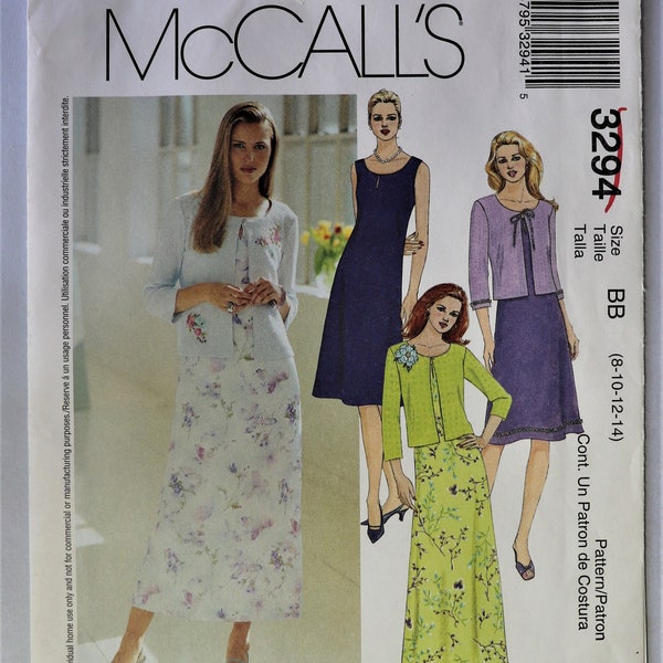 McCall's 3294.  Misses dress and jacket pattern.  Sleeveless A line dress and cardigan jacket pattern.