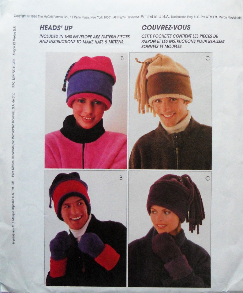Adult and child fleece hats and mittens pattern McCall/'s 9061 Fleece hats and mittens pattern Uncut Novelty fleece hats pattern