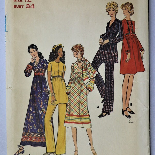 Butterick 6446.  Misses  dress, tunic and pants pattern.  Vintage 1970s Mod empire waist dress, tunic, flared pants pattern.  SZ 12. Uncut
