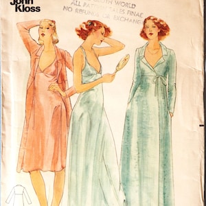 May include: Butterick 5120 sewing pattern envelope for size 8, featuring illustrations of three garments: a peach-colored dress with a matching robe, a light blue floor-length slip dress, and a light blue long-sleeved wrap robe with a tie waist.