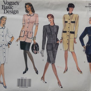 May include: Vogue's Basic Design sewing pattern featuring five different women's suit designs. The patterns include a variety of styles, such as a white dress with a collar, a pink jacket with black trim, and a navy blue suit.