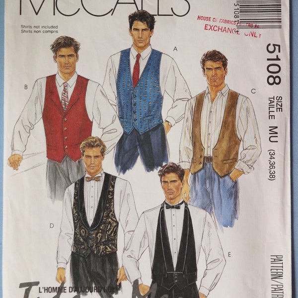 McCall's 5108.  Men's vest pattern.  Men lined vest, necktie and bow tie pattern.  Classic vest, Tuxedo vest pattern. SZ 34-38 Uncut