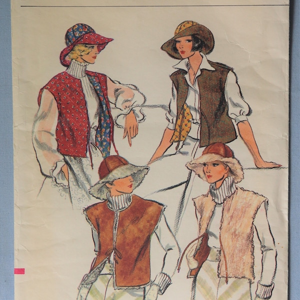 Vogue 9325.  Misses vest and hat pattern.  Vintage 1970's loose fit lined vest and wide brim hat pattern.  SZ Med