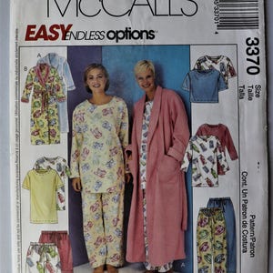 May include: McCall's sewing pattern 3370 for loungewear, featuring illustrations of robes, t-shirts, and pants. The designs include a yellow set with teacup prints, a solid pink robe, and various solid or patterned tops and bottoms for casual wear.