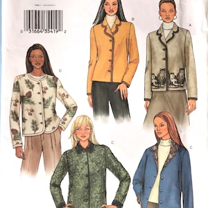 May include: A Butterick 3573 sewing pattern envelope featuring illustrations of four jacket variations. The designs include a mustard yellow jacket, a light gray jacket with a cat print, a green textured jacket, and a cream jacket with acorn motifs.