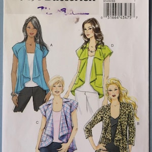 May include: Butterick sewing pattern B5498, size BB (8-10-12-14), featuring illustrations of four variations of a draped-front jacket or vest. The designs include a solid blue sleeveless vest, a lime green vest, a plaid vest, and a leopard print jacket.