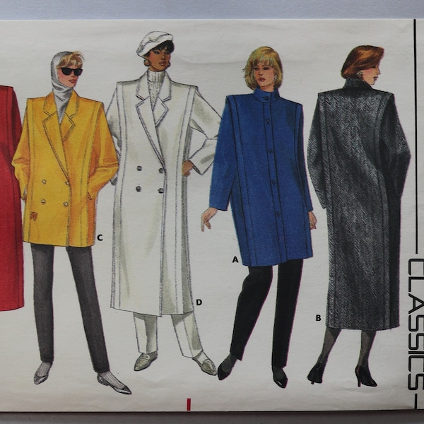 Butterick 4044.  Misses coats pattern.  Vintage 1986 Classic loose fit lined coat pattern.  Overcoat, car coat pattern.  SZ 14-18 Uncut