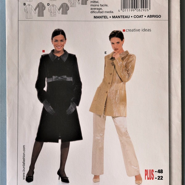 Burda 8292.  Ladies coat and jacket pattern.  Semi fitted coat in two lengths pattern.  Dress coat pattern. SZ 10-22.  Uncut