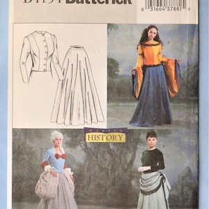 May include: Butterick B4154 sewing pattern featuring historical costume designs. The pattern includes illustrations of a jacket and skirt, along with images of completed garments. The words "MAKING HISTORY" are visible.