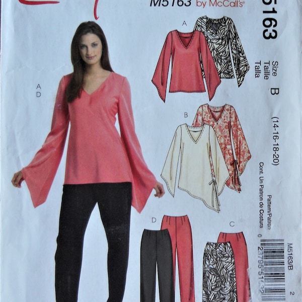 McCall's 5163.  Women's tops, skirt and pants pattern.  Easy sew loose fit bias tops, straight pants, maxi skirt pattern. SZ 14-20 Uncut