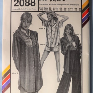 May include: Stretch & Sew pattern 2088 for nightshirts and pajamas. The envelope features illustrations of three garment views labeled A, B, C, E, and F, with text detailing bust sizes 30-46 and hip sizes 32-48. Designed by Ann Person.