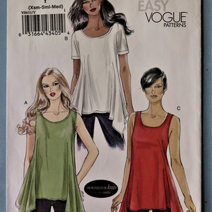 May include: Vogue Patterns sewing pattern V8651. The pattern features illustrations of three different asymmetrical tops in white, green, and red. The pattern is designed for knits.
