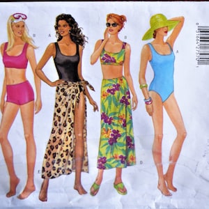Butterick 5551.  Misses' swimsuit and cover up pattern. Tank swim suit or Two piece swimsuit and Sarong pattern. SZ 6-10   Uncut