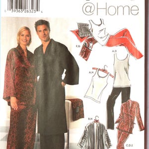 May include: Simplicity 5763 sewing pattern envelope featuring illustrations of loungewear including robes, tank tops, and pants. The cover displays a person in a red and black patterned robe and pants, and another in a solid black robe and pants.