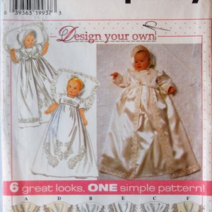 May include: Simplicity sewing pattern for baby baptism gowns. The package features illustrations of the gowns, with the text "Design your own" and "6 great looks. ONE simple pattern!" printed on the front. Sizes NB, S, M, L.