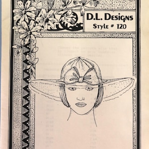May include: Black and white illustration of a woman wearing a wide-brimmed hat with a large bow. The image is framed with floral and geometric patterns. Text reads "D.L. Designs Style # 120".