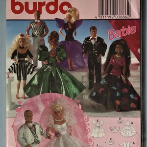 May include: A Burda Barbie doll clothes pattern packet featuring various doll outfits. The packet includes images of dolls in formal wear, including gowns and suits. The packet measures 29-31 cm or 11 1/2" to 12 1/4".