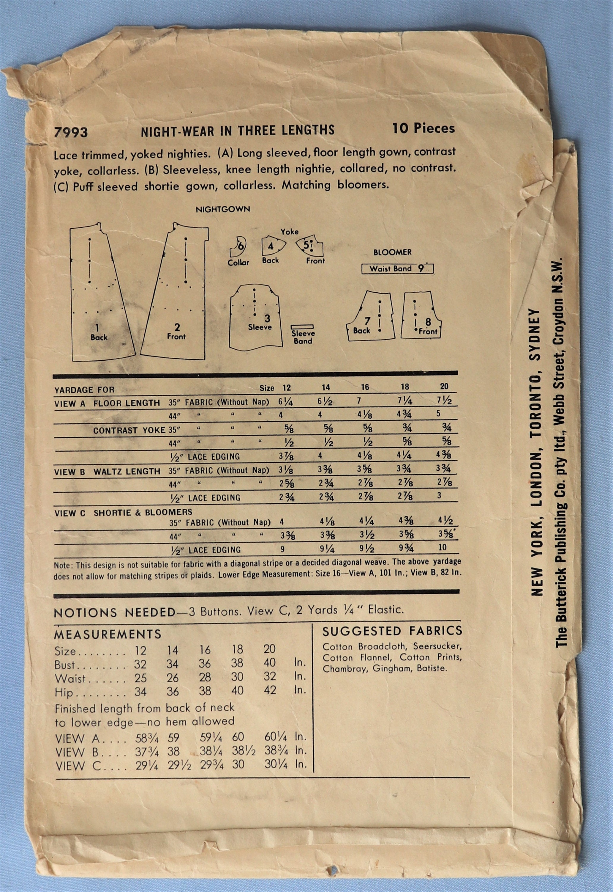 Butterick 7993. Vintage 1940's Nightgowns and Shorty Pajamas Pattern ...