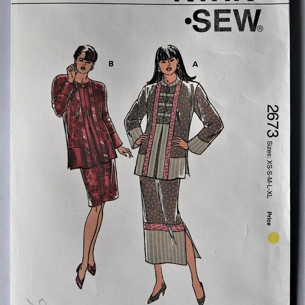 Kwik Sew 2673.  Misses jacket and skirt pattern.  Oriental style color block jacket pattern.  Pull on slim skirt pattern. SZ XS-XL. Uncut