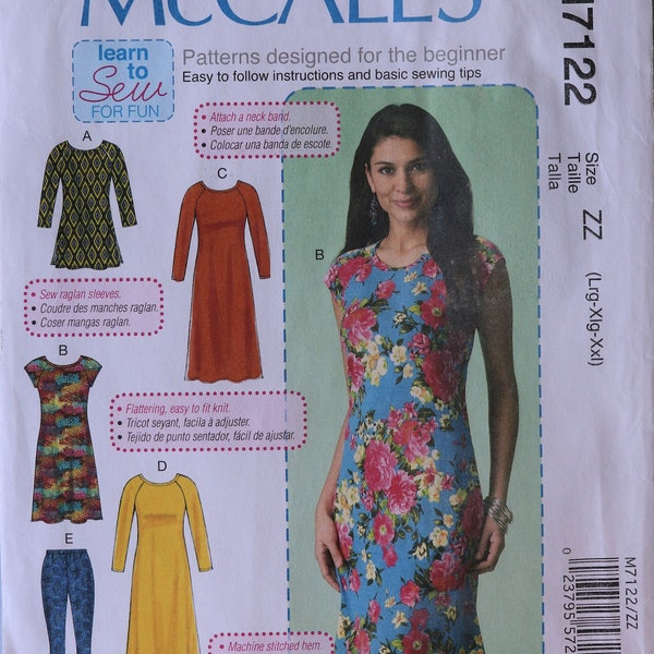 McCall's 7122.  Misses dress pattern. Plus size knit dress, tunic and legging pattern. Learn to sew pattern. SZ L-XXL. Uncut