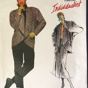 May include: Vogue Patterns Individualist sewing pattern featuring a woman in a brown and black patterned jacket and black pants. The pattern includes a sketch of a woman in a matching outfit. The pattern is by Jenny Sharp, pattern number 1639.