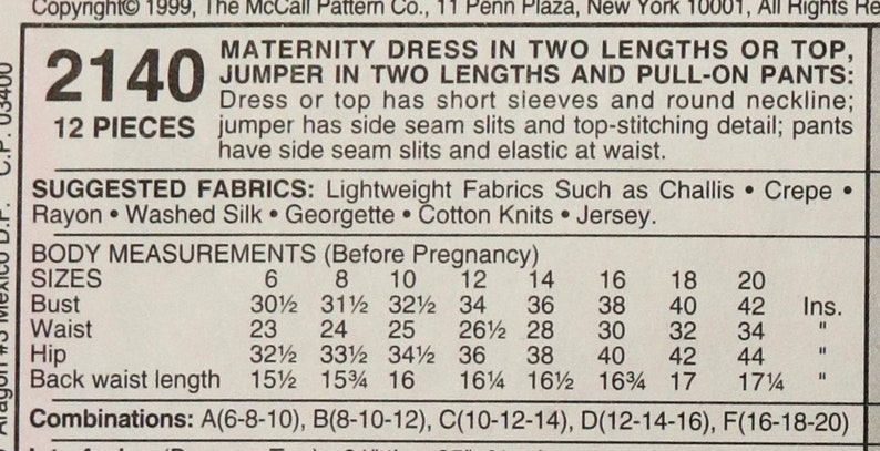 McCall's 2140. Maternity dress or jumper, top and pants pattern. Maternity maxi dress or jumper tunic and pull on pants. SZ 10-14 Uncut image 3