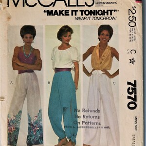 May include: Vintage McCall's sewing pattern 7570 featuring three different styles of pants. The pattern includes the text "MAKE IT TONIGHT" and "WEAR IT TOMORROW!" The pattern is for a small size.