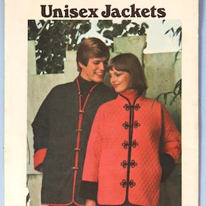 May include: A Butterick 4499 sewing pattern envelope for unisex jackets. The cover features two quilted jackets: one dark jacket with red trim and toggle closures, and one red jacket with black trim and frog closures, both with high collars.