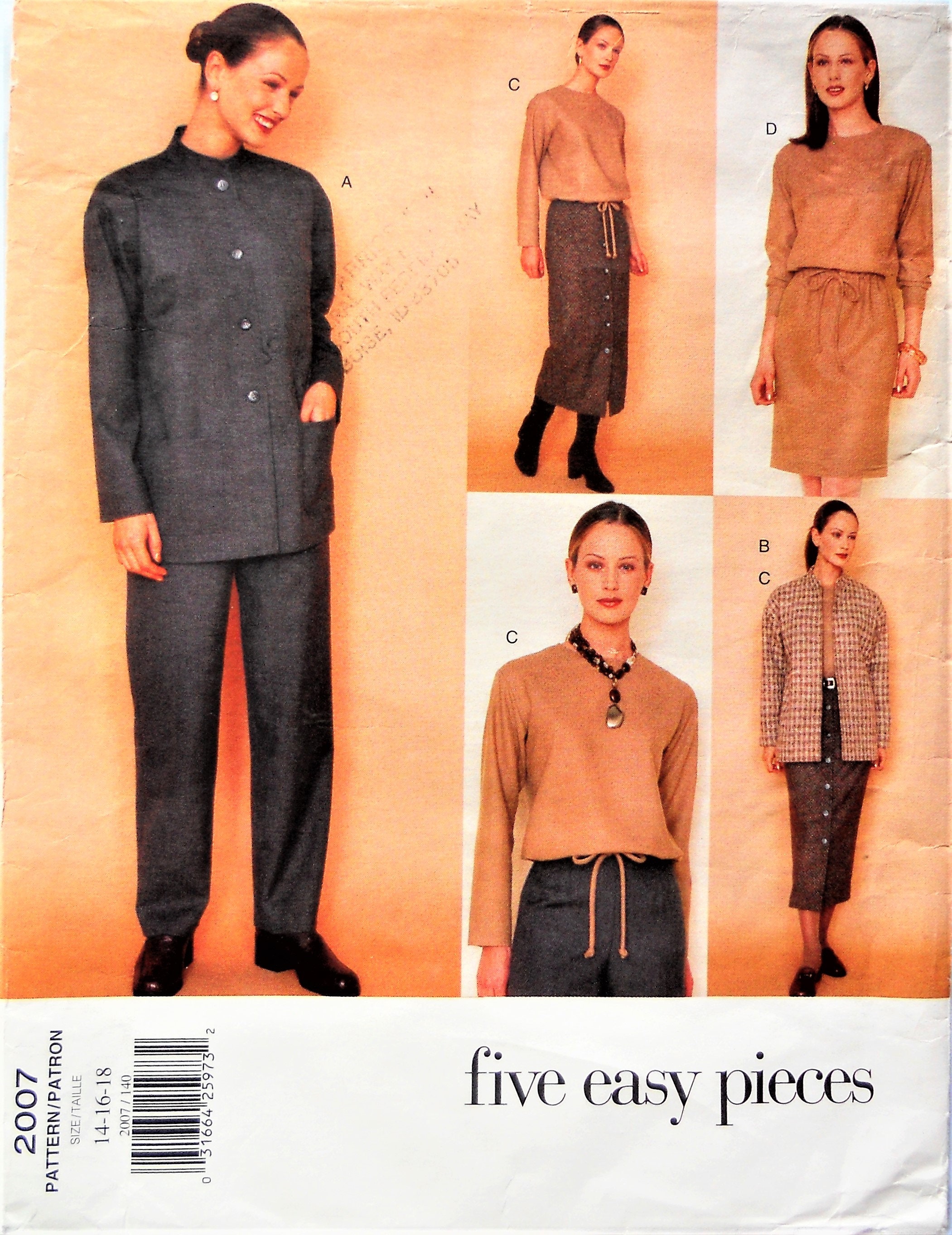 Vogue 2007. Misses jacket, dress, top, skirt, pants pattern. Vogue "Five Easy Pieces" wardrobe pattern. Career wear pattern. SZ 14-18. Uncut