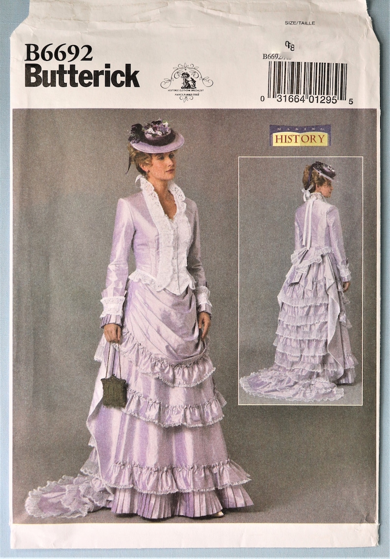 Victorian Ballgown, Evening Dress     Butterick 6692.  Misses 1890s dress costume pattern.  Making History 1890s Jacket and ruffled skirt pattern.  SZ 6-14 Uncut  AT vintagedancer.com