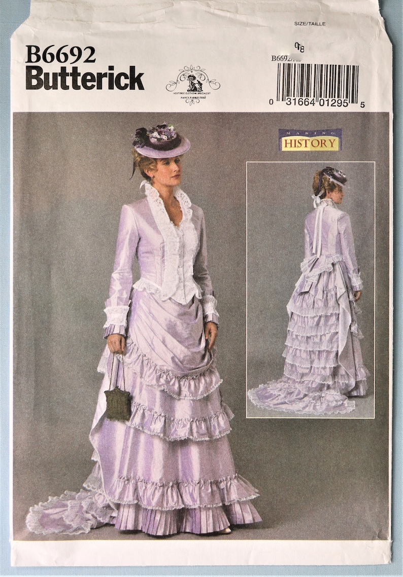 Victorian Dresses | Victorian Ballgowns | Victorian Clothing     Butterick 6692.  Misses 1890s dress costume pattern.  Making History 1890s Jacket and ruffled skirt pattern.  SZ 6-14 Uncut  AT vintagedancer.com