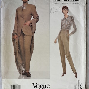 May include: Vogue Patterns sewing pattern featuring designs by Michael Kors. The pattern includes illustrations of a tailored suit with fringe and a high-waisted pantsuit. The pattern size is 12-14.